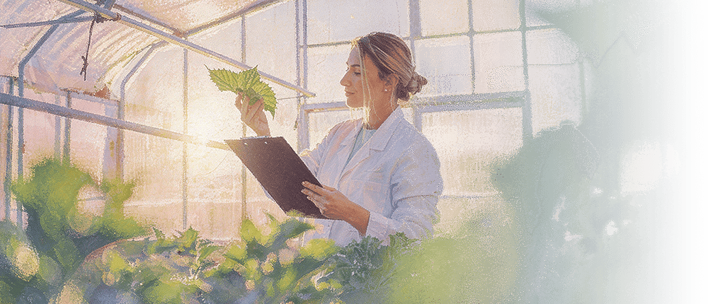 Mujer joven en un invernadero con plantas.